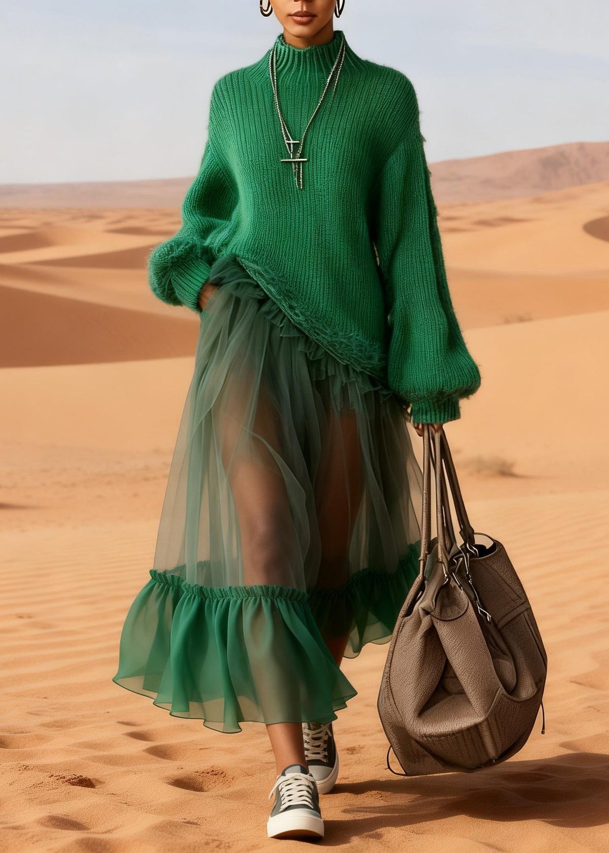 Handmade Green Tulle Maxi Dresses Ruffled Knitted Cotton Patchwork Lanter Sleeve - View 3