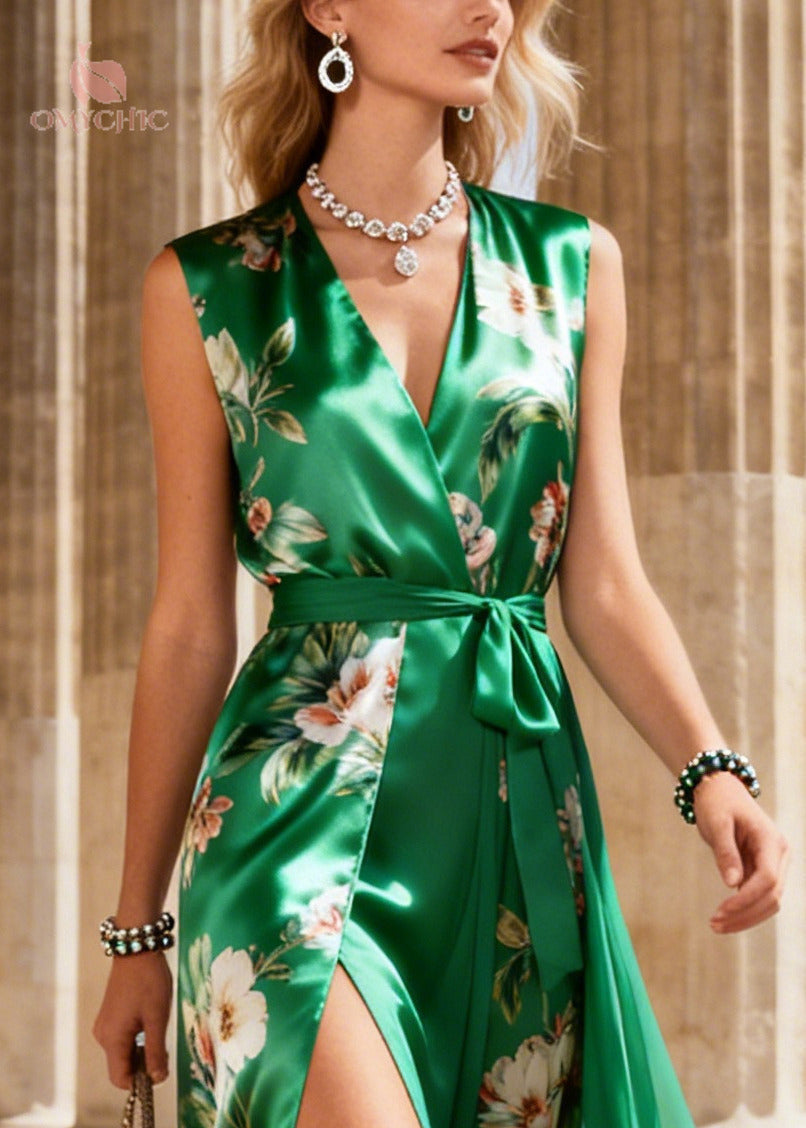 Satin Floral Print Deep V-Neck Sleeveless Wrap Tie Belt Maxi Gown - View 2