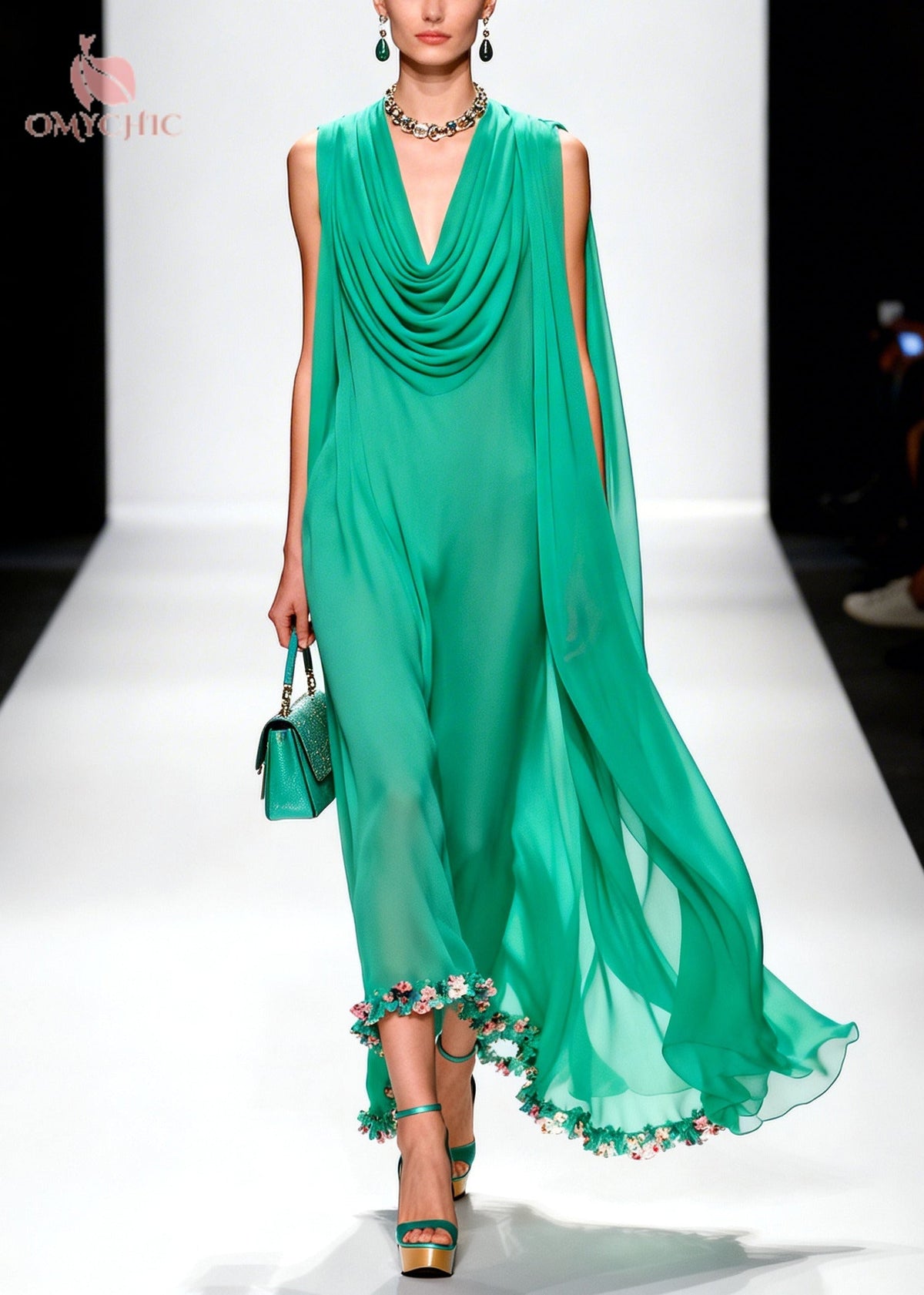 Sleeveless Cowl Neck Cape Detail 3D Floral Hem Maxi Gown - View 3