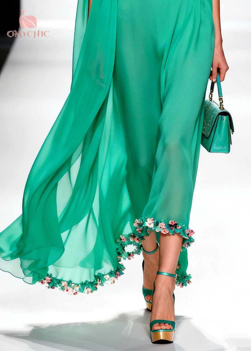 Sleeveless Cowl Neck Cape Detail 3D Floral Hem Maxi Gown - View 4
