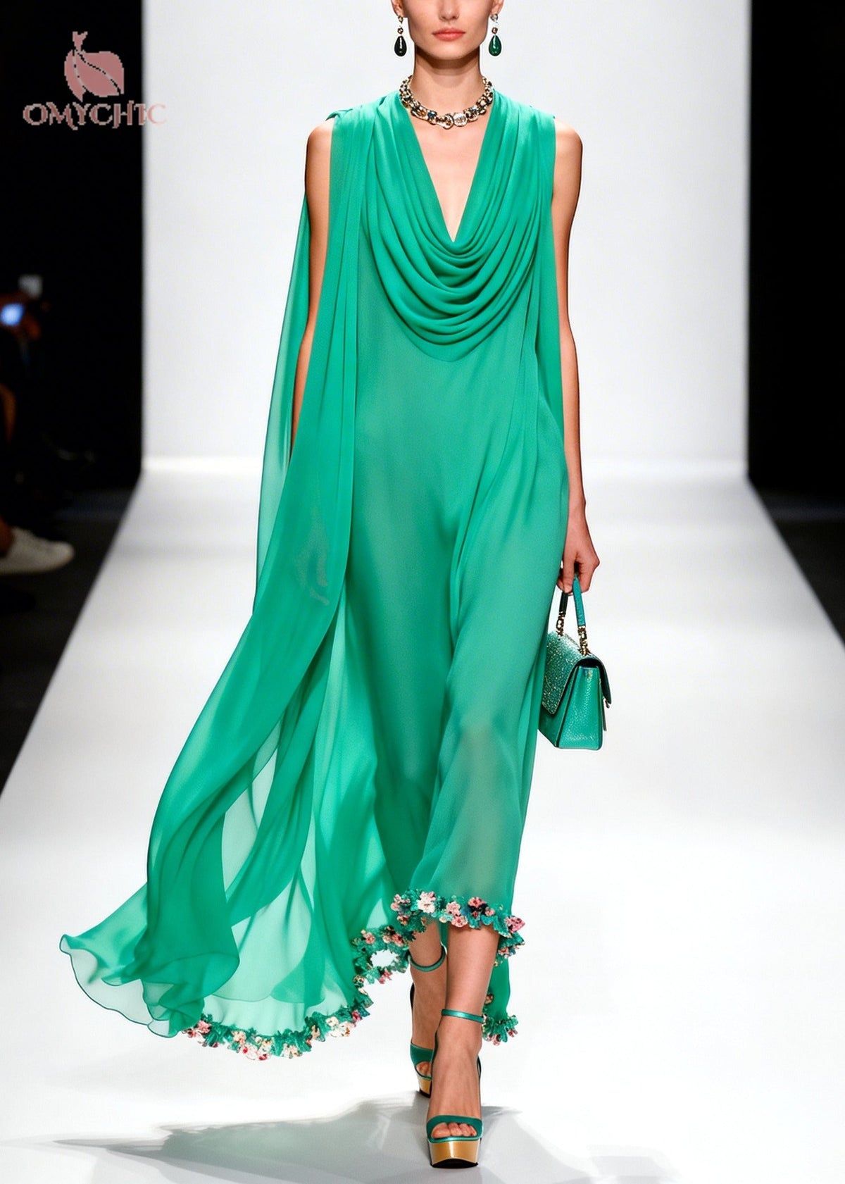 Sleeveless Cowl Neck Cape Detail 3D Floral Hem Maxi Gown - View 5