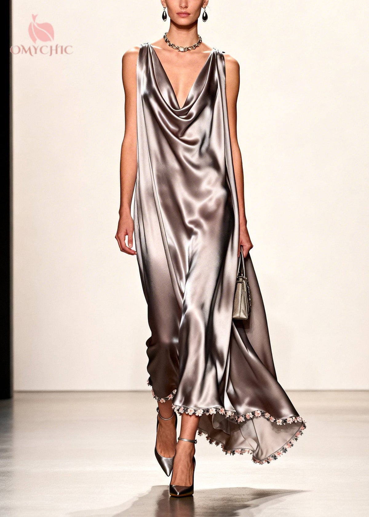 Satin Cowl Neck Sleeveless Floral Applique Hem Maxi Gown - View 3