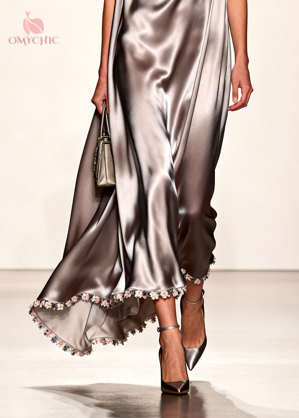Satin Cowl Neck Sleeveless Floral Applique Hem Maxi Gown - View 4