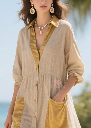 Collar V-Neck Button Front Puff Sleeve Patch Pocket Shirt Dress - View 2