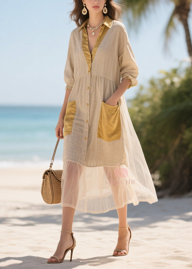 Collar V-Neck Button Front Puff Sleeve Patch Pocket Shirt Dress - View 5