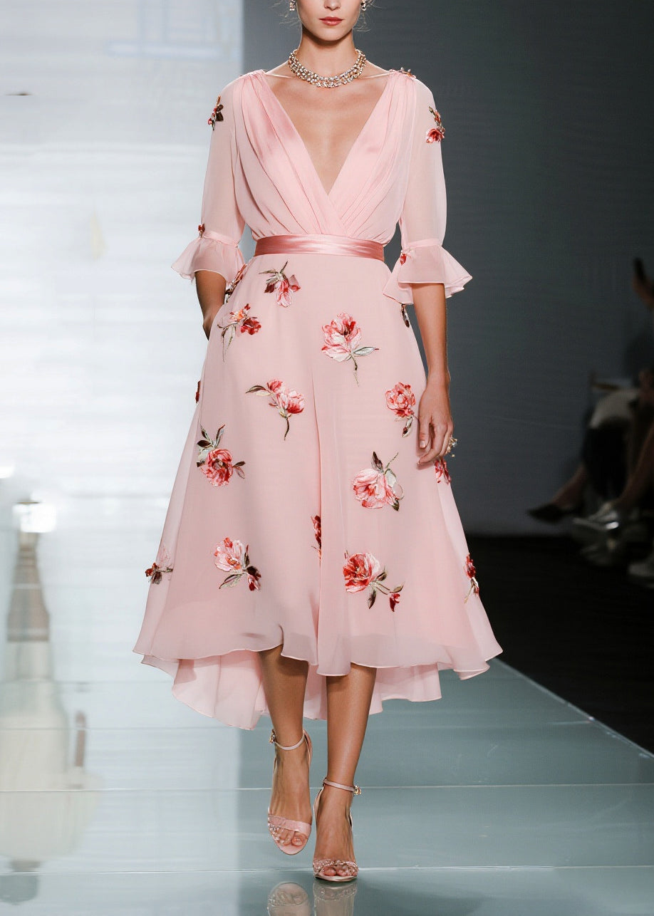 V-Neck Chiffon Floral Bell Sleeve Midi Dress