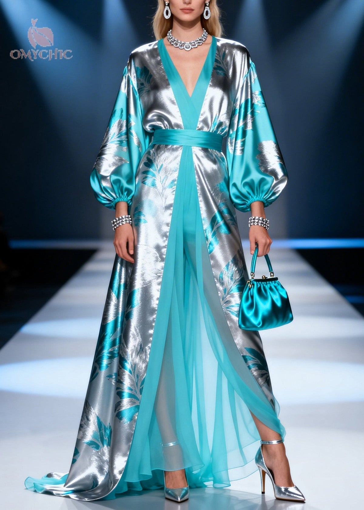 Metallic Leaf Jacquard Bishop Sleeve Open Front Sheer Maxi Gown - View 3