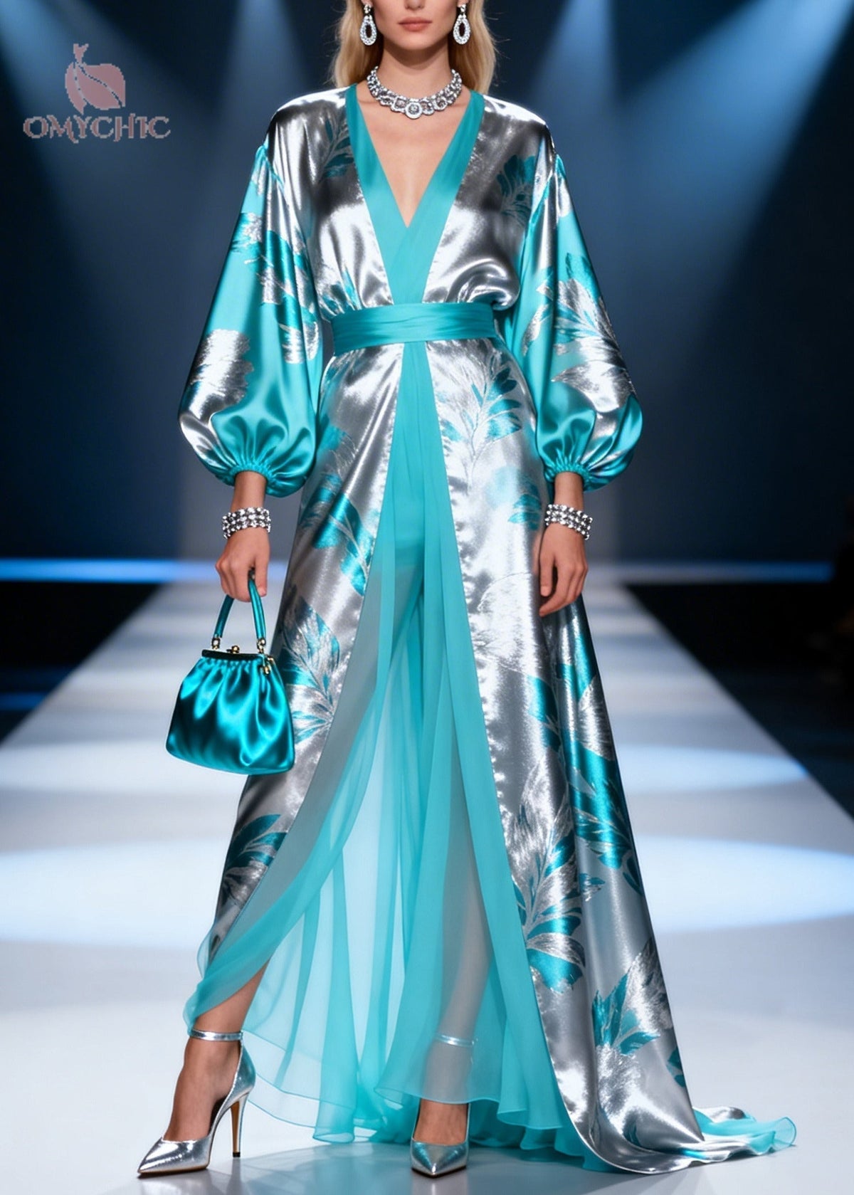 Metallic Leaf Jacquard Bishop Sleeve Open Front Sheer Maxi Gown - View 5