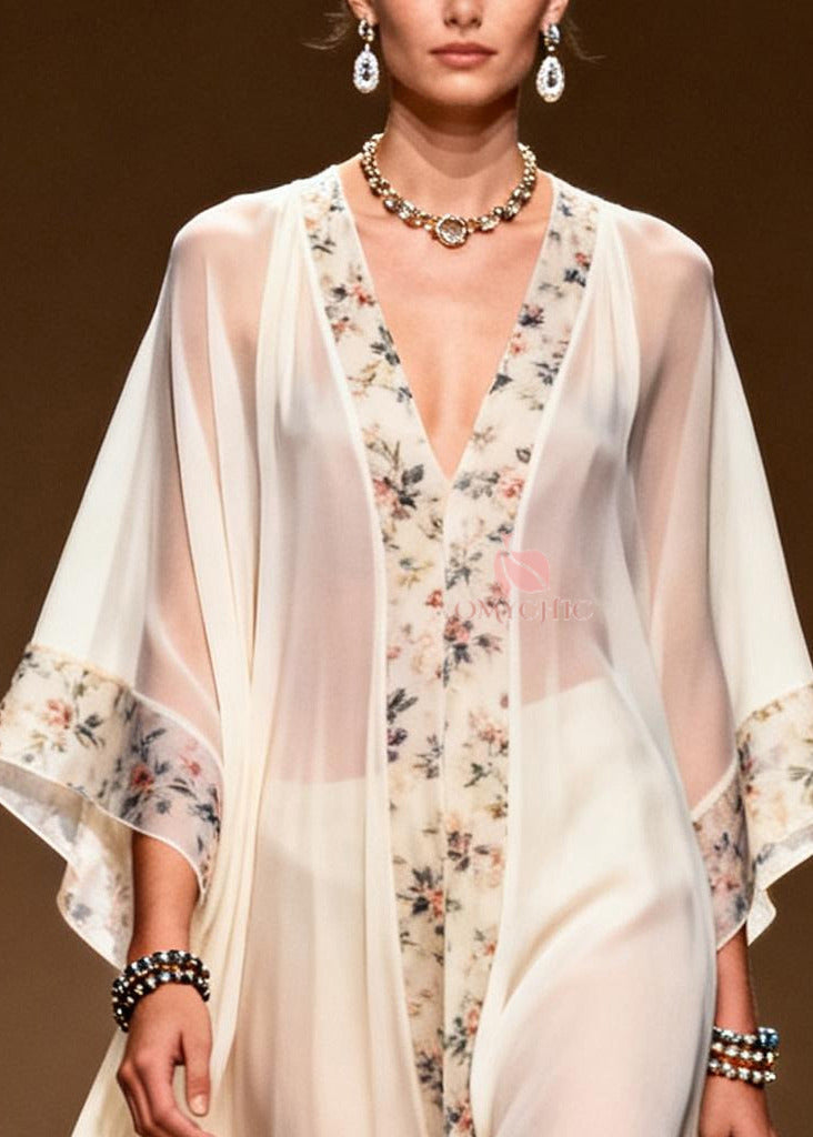 Sheer Chiffon Floral Border Deep V-Neck Sleeve Tiered Maxi Gown - View 2