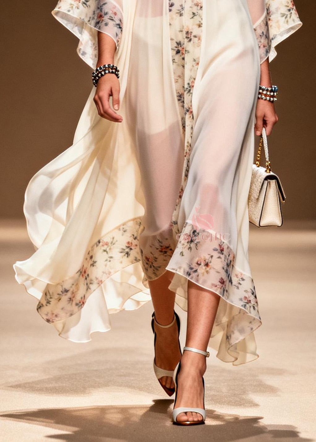 Sheer Chiffon Floral Border Deep V-Neck Sleeve Tiered Maxi Gown - View 4