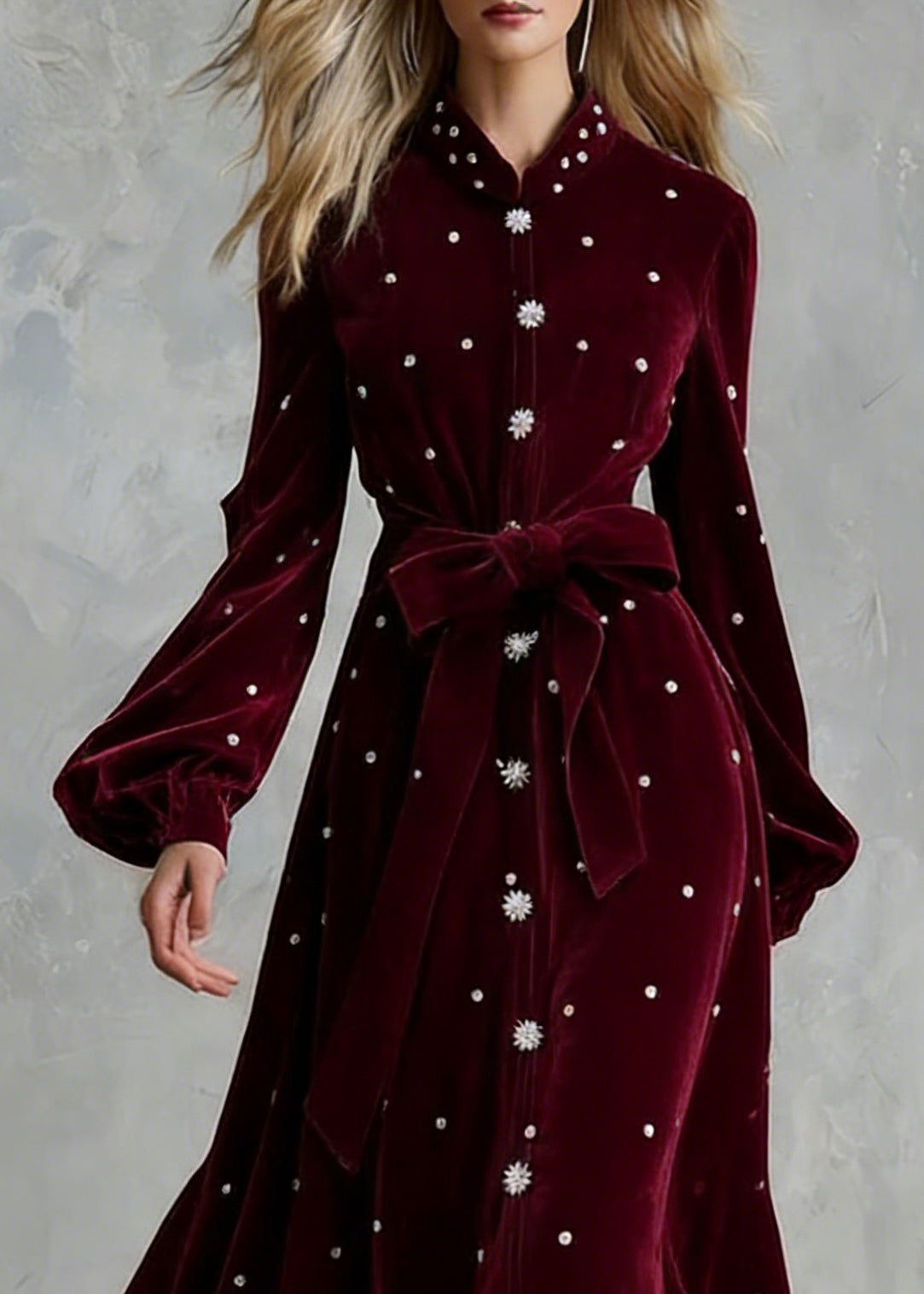 Handmade Wine Red Zircon Tie Waist Silk Velvet Maxi Dresses - View 2