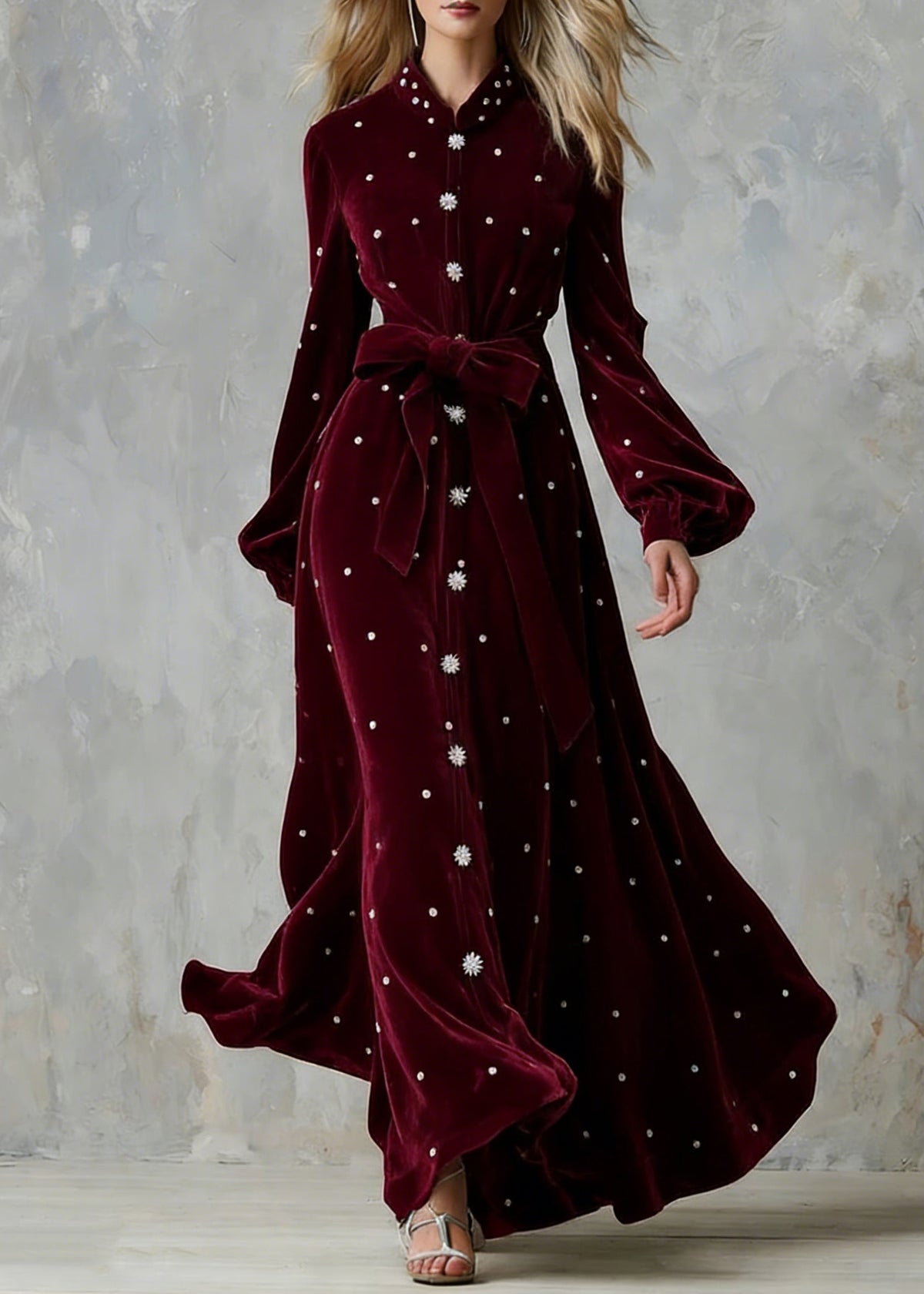 Handmade Wine Red Zircon Tie Waist Silk Velvet Maxi Dresses - View 3