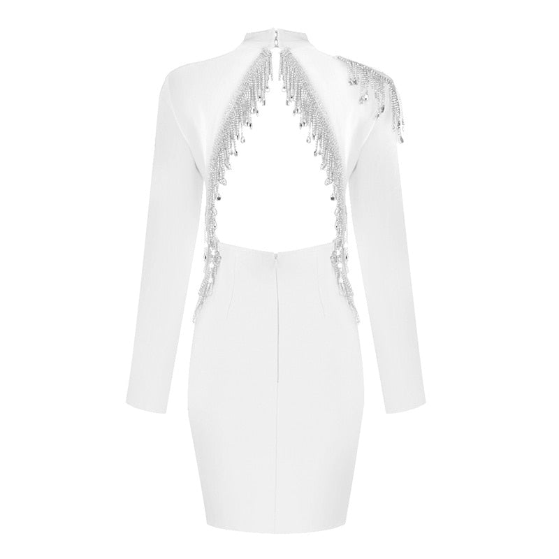 Mock Neck Long Sleeve Backless Rhinestone Fringe Bandage Mini Dress 30