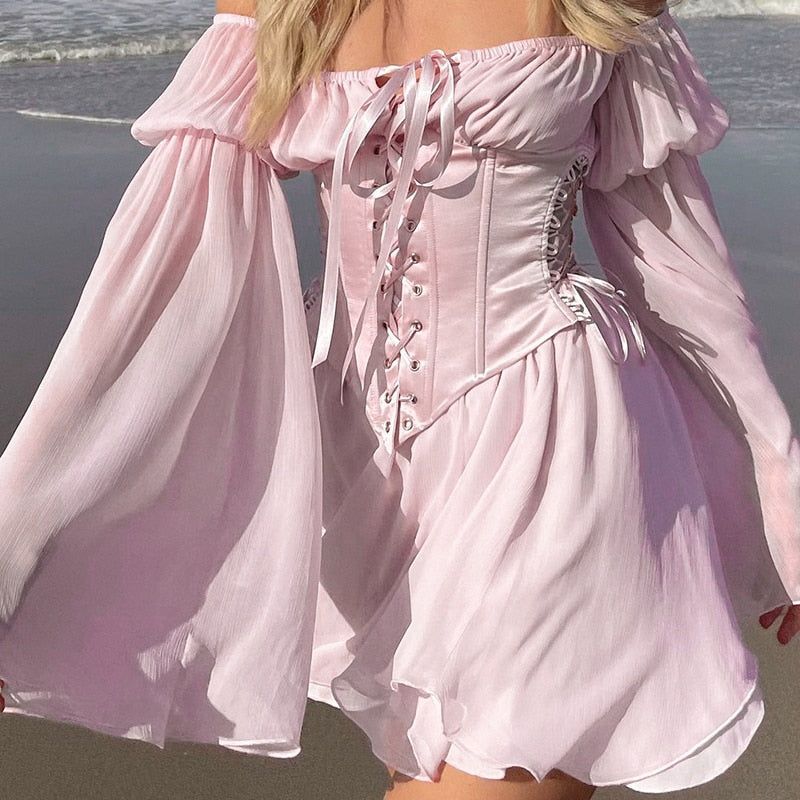 Floral Print Off Shoulder Puff Sleeve Lace Up Corset Mini Dress - View 6