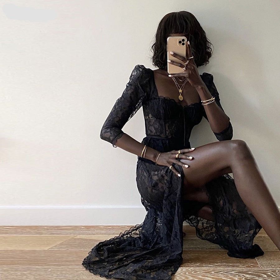 Mystery Doll Lace High Slit Maxi Dress - View 6