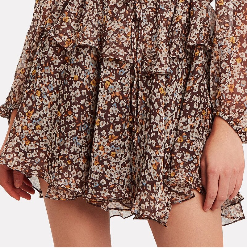 Chiffon Deep V-Neck Long Sleeve Tie Waist Tiered Mini Dress - View 5