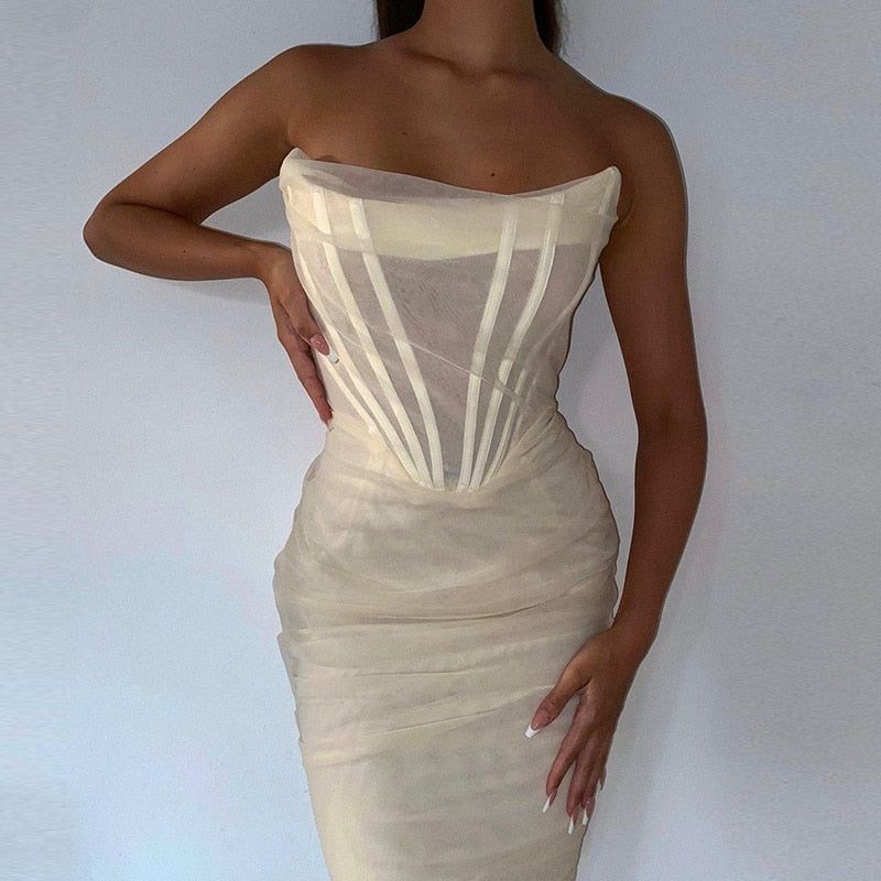 Mesh Strapless Corset Ruched Bodycon Dress - View 2