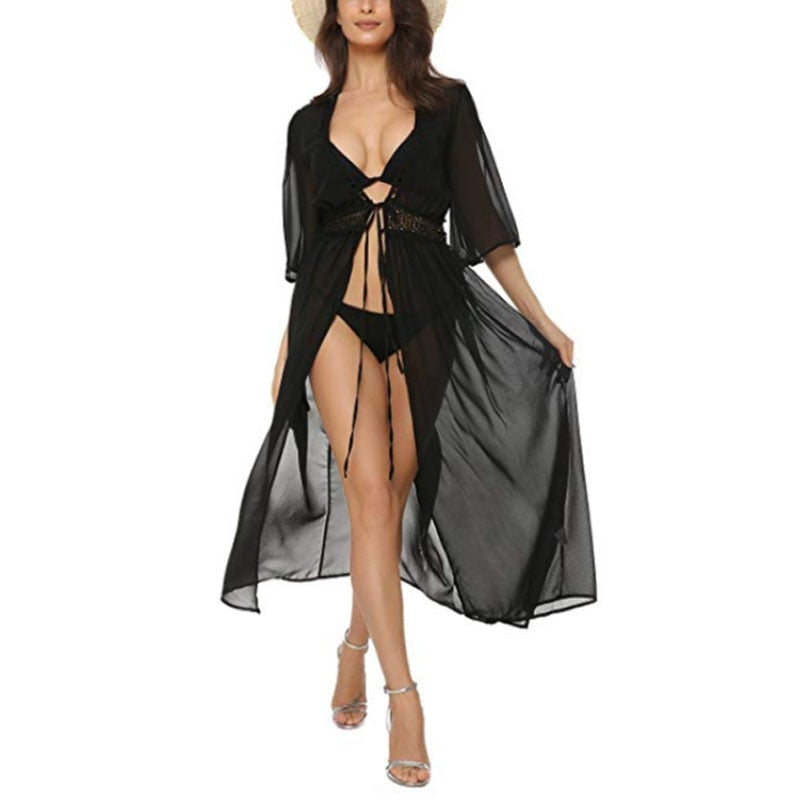 Deep V-Neck Crochet Waist Tie Front Open Split Maxi Dress - View 3