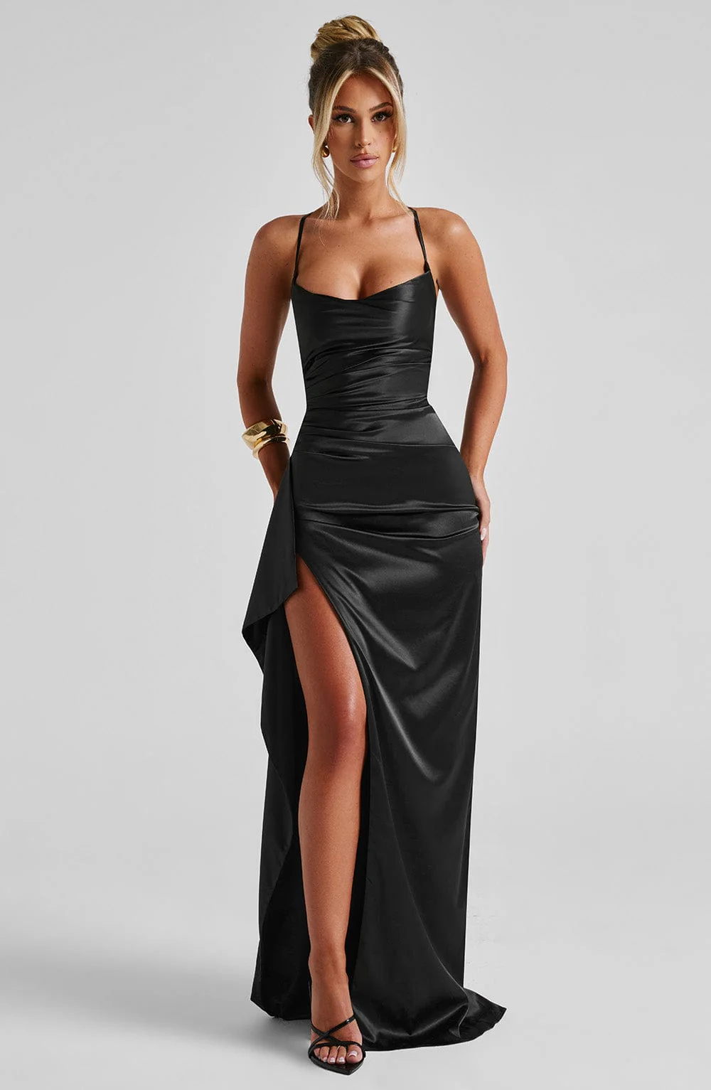 Satin Cowl Neck Ruched High Split Maxi Dress Prom 3