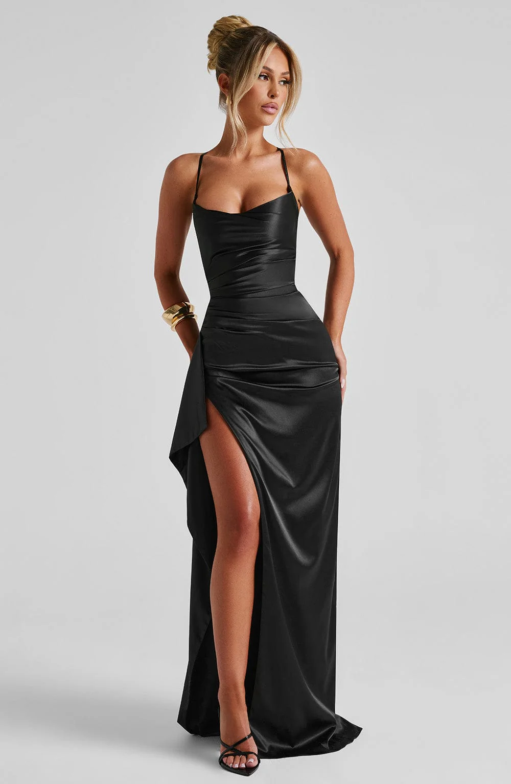 Satin Cowl Neck Ruched High Split Maxi Dress Prom 4