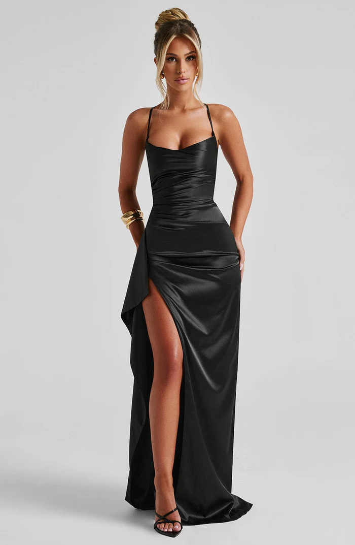 Satin Cowl Neck Ruched High Split Maxi Dress Prom 2