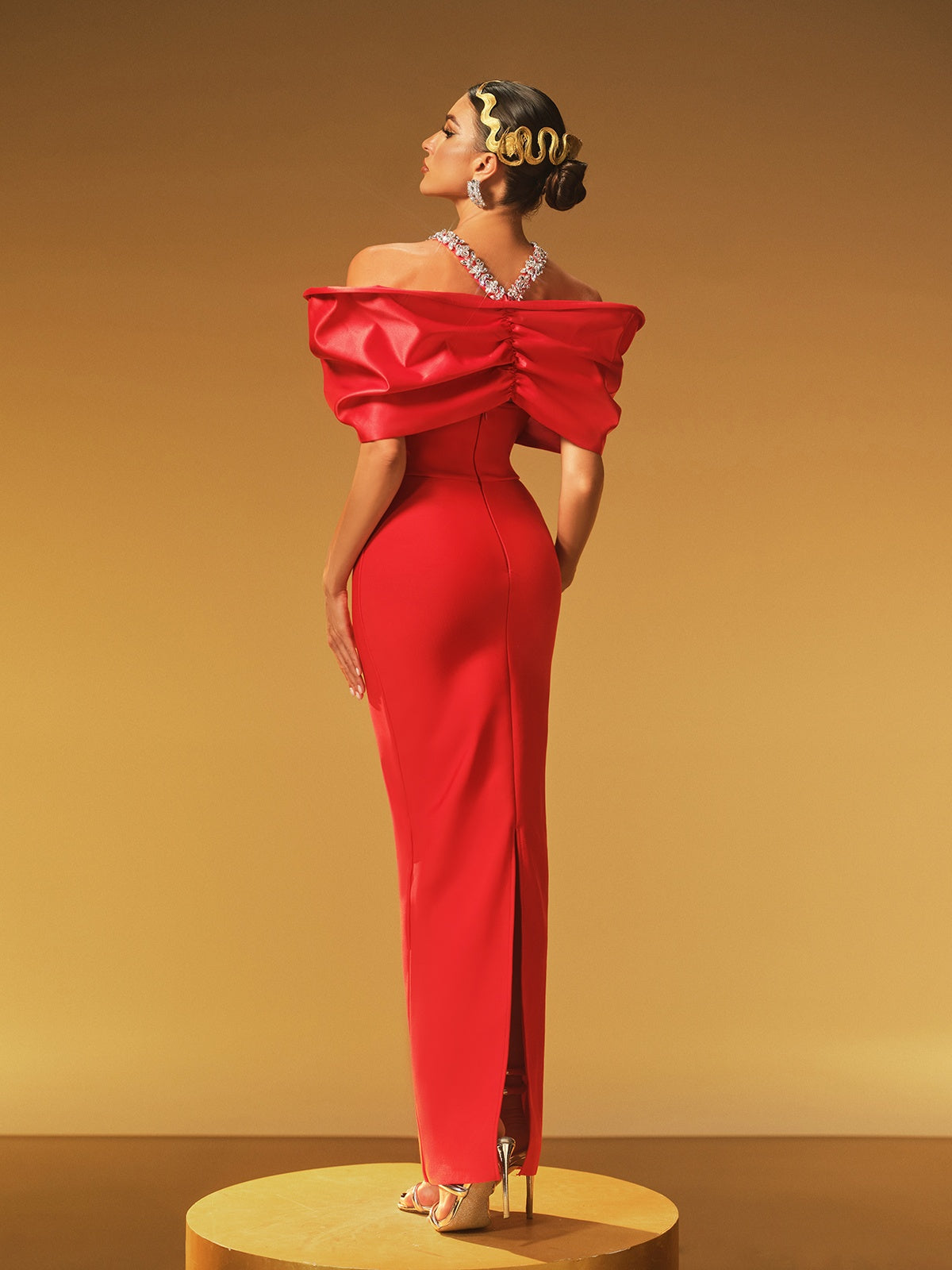 Off Shoulder Bow Crystal Halter Strap Cut Out Column Maxi Gown - View 6