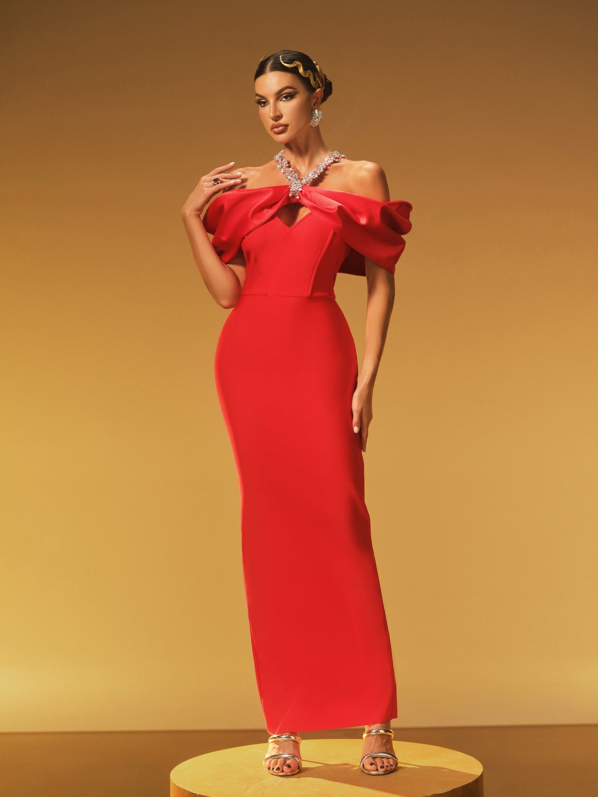 Off Shoulder Bow Crystal Halter Strap Cut Out Column Maxi Gown - View 3