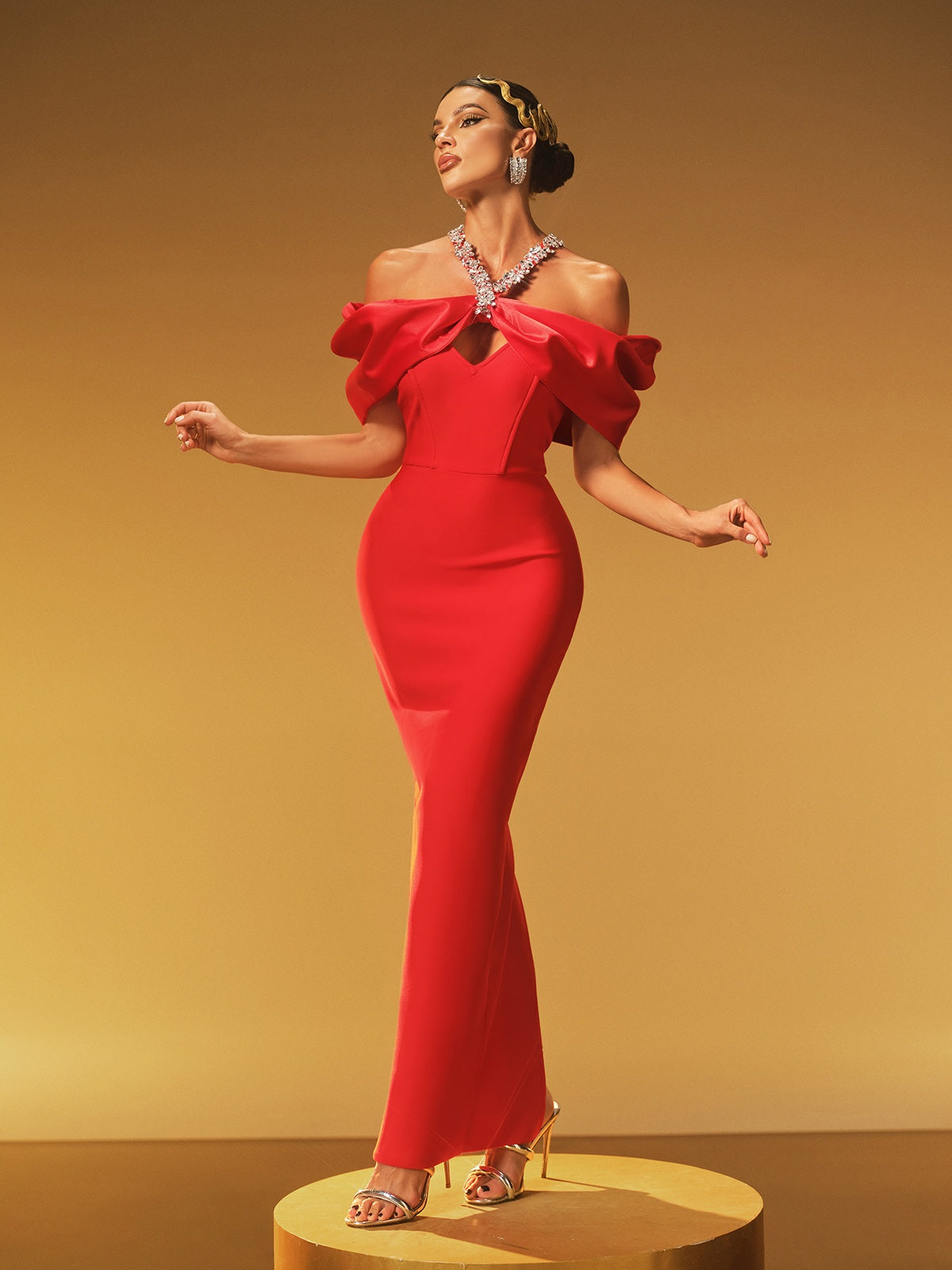 Off Shoulder Bow Crystal Halter Strap Cut Out Column Maxi Gown - View 4