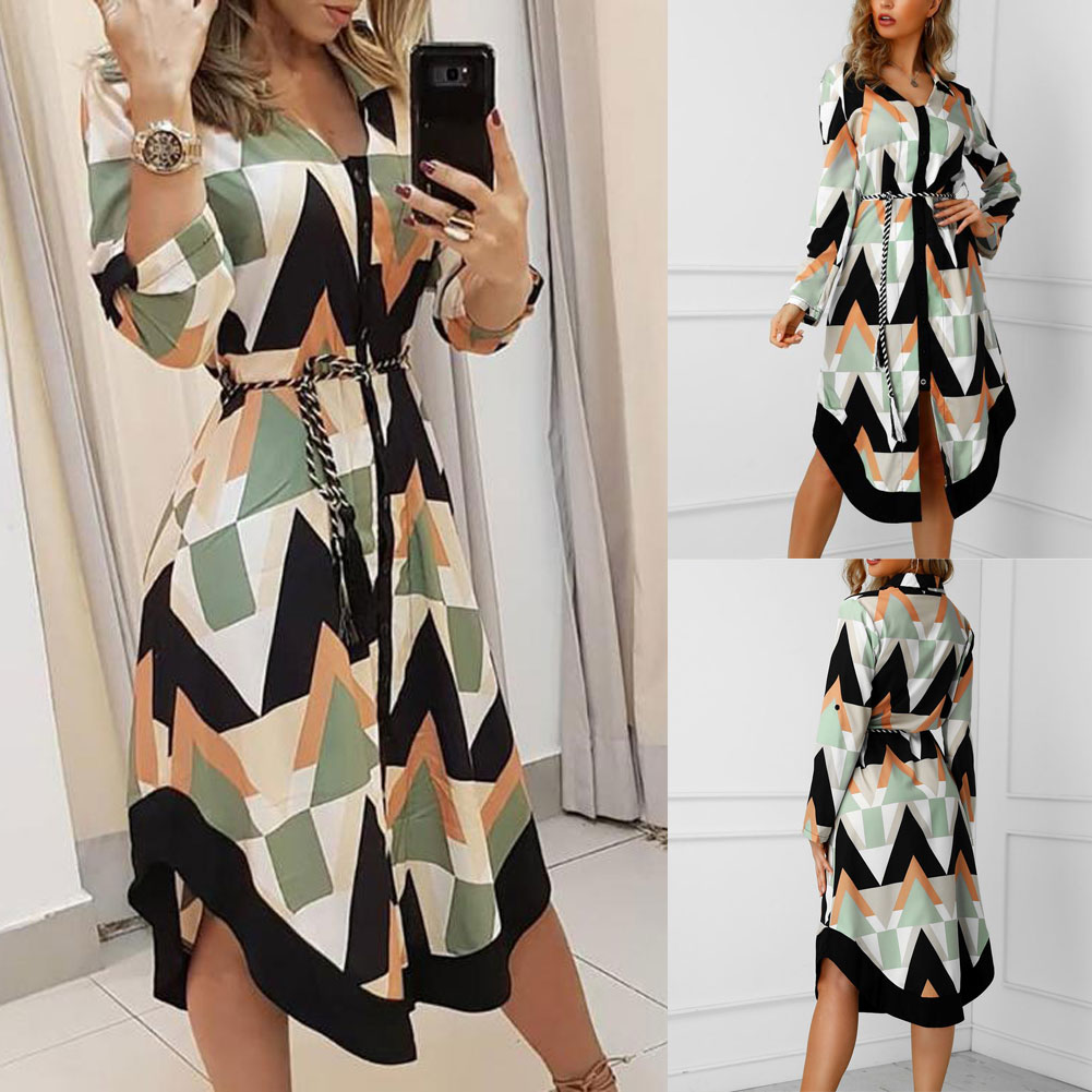 Geometric Print Collared Button Down Long Sleeve Shirt Dress - View 2
