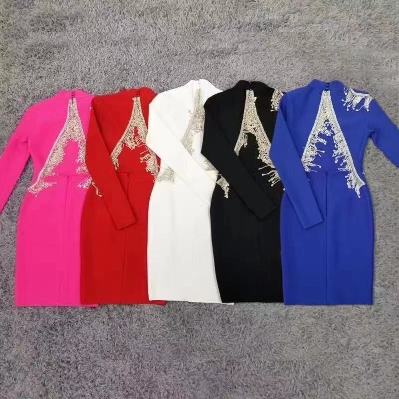 Mock Neck Long Sleeve Backless Rhinestone Fringe Bandage Mini Dress - View 6