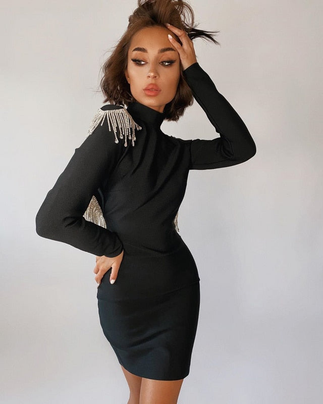 Mock Neck Long Sleeve Backless Rhinestone Fringe Bandage Mini Dress - View 4
