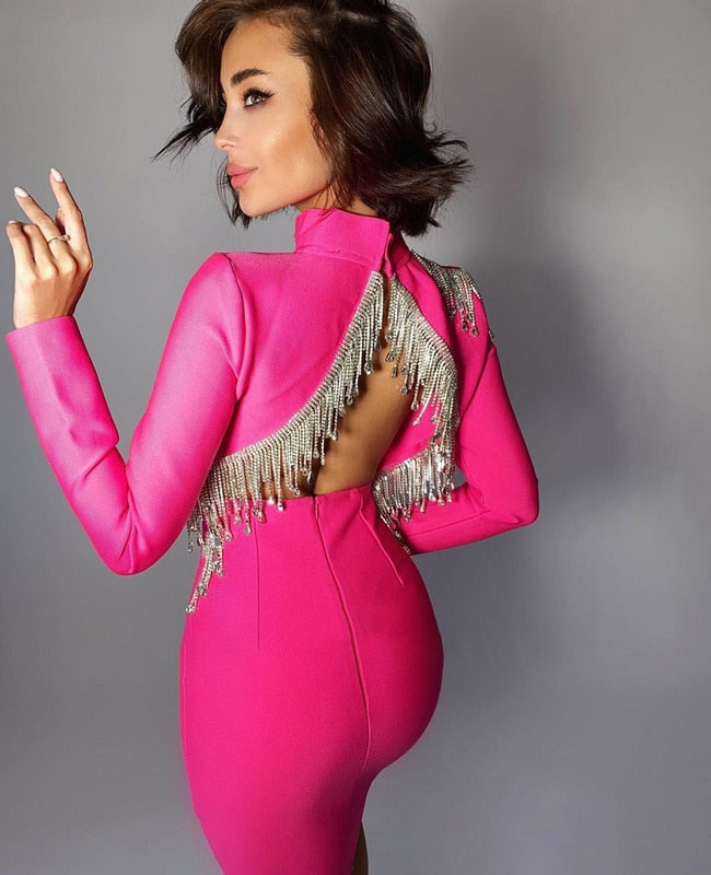 Mock Neck Long Sleeve Backless Rhinestone Fringe Bandage Mini Dress - View 2