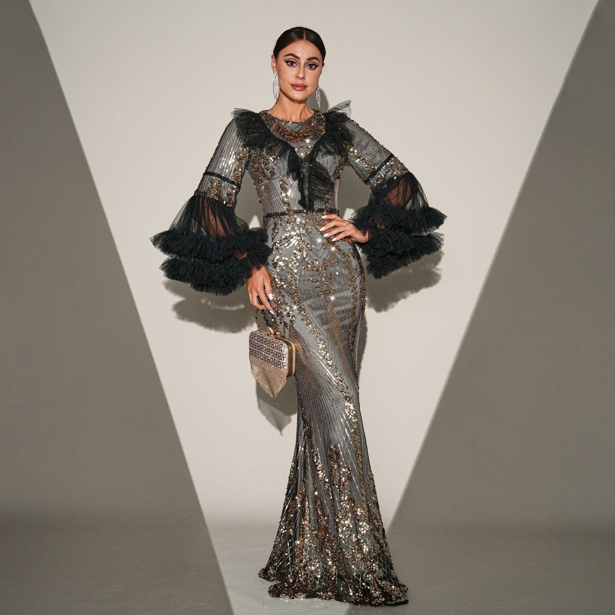 Sequin Round Neck Ruffle Bell Sleeve Mermaid Maxi Gown - View 2