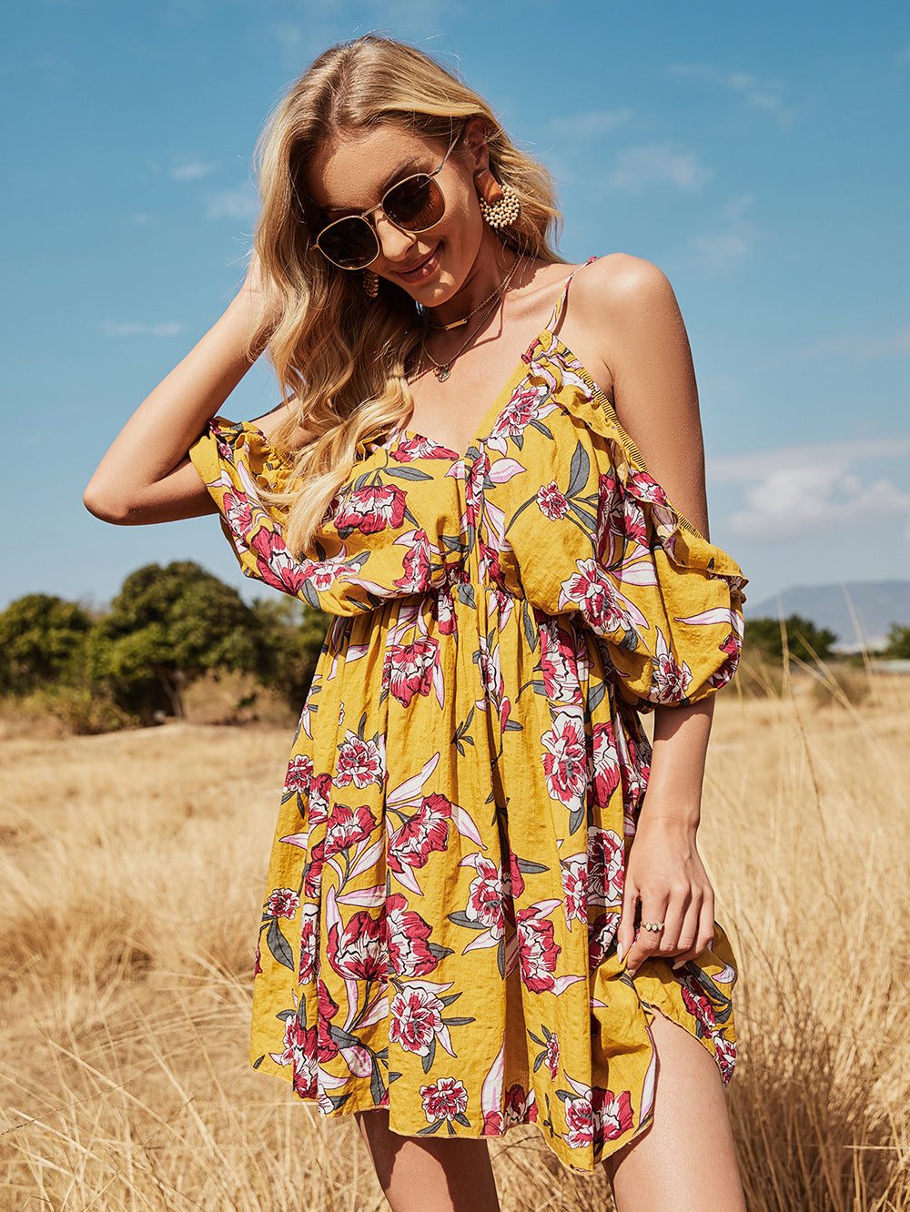 Floral Cold Shoulder Ruffle V-Neck Flowy Mini Summer Dress