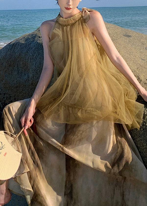 Halter Neck Sleeveless Tulle Tie Dye Layered Maxi Dress - View 4