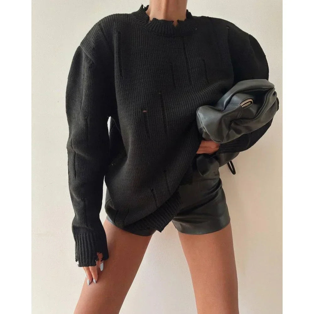 Ripped Y2K Casual Long Sleeve Sweater Black / S