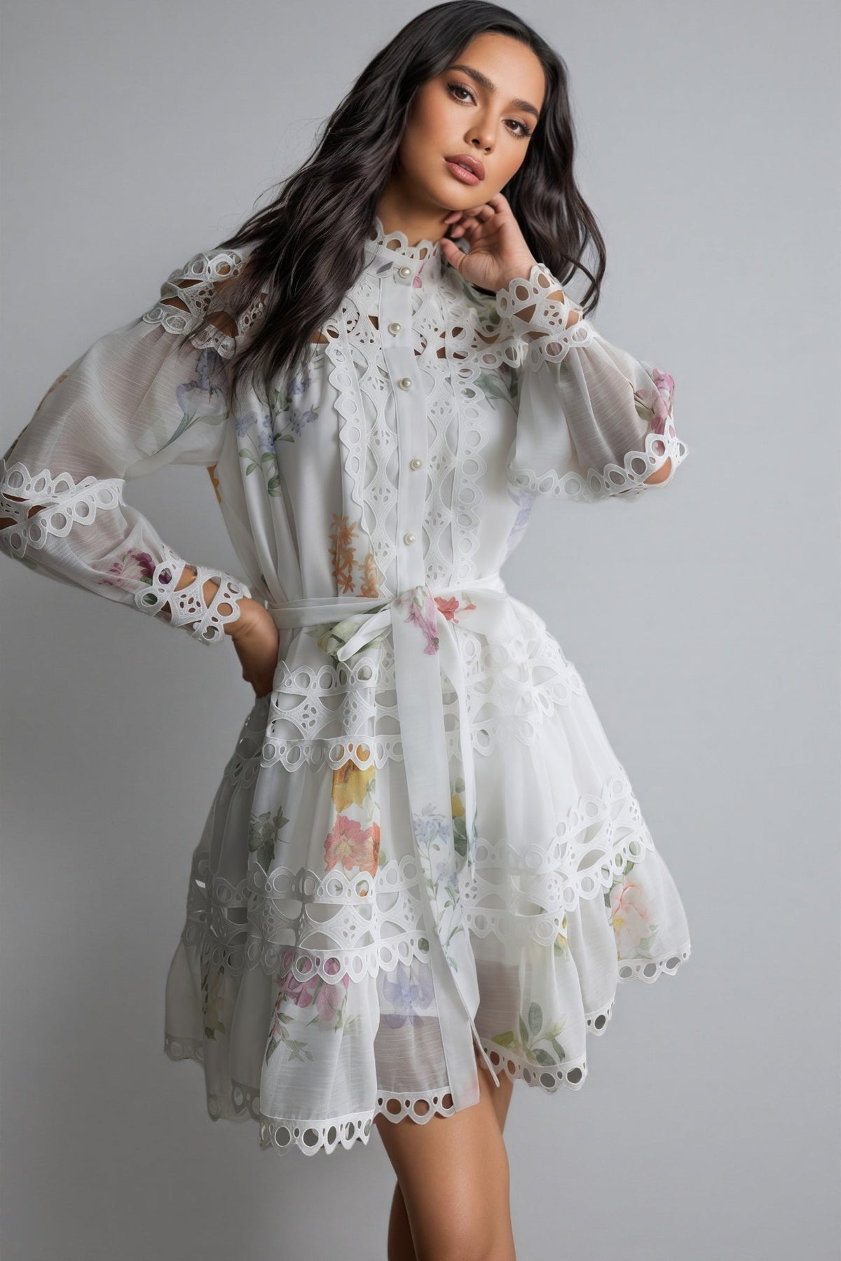 Floral Print Lace High Neck Bishop Sleeve A-Line Mini Dress - View 4