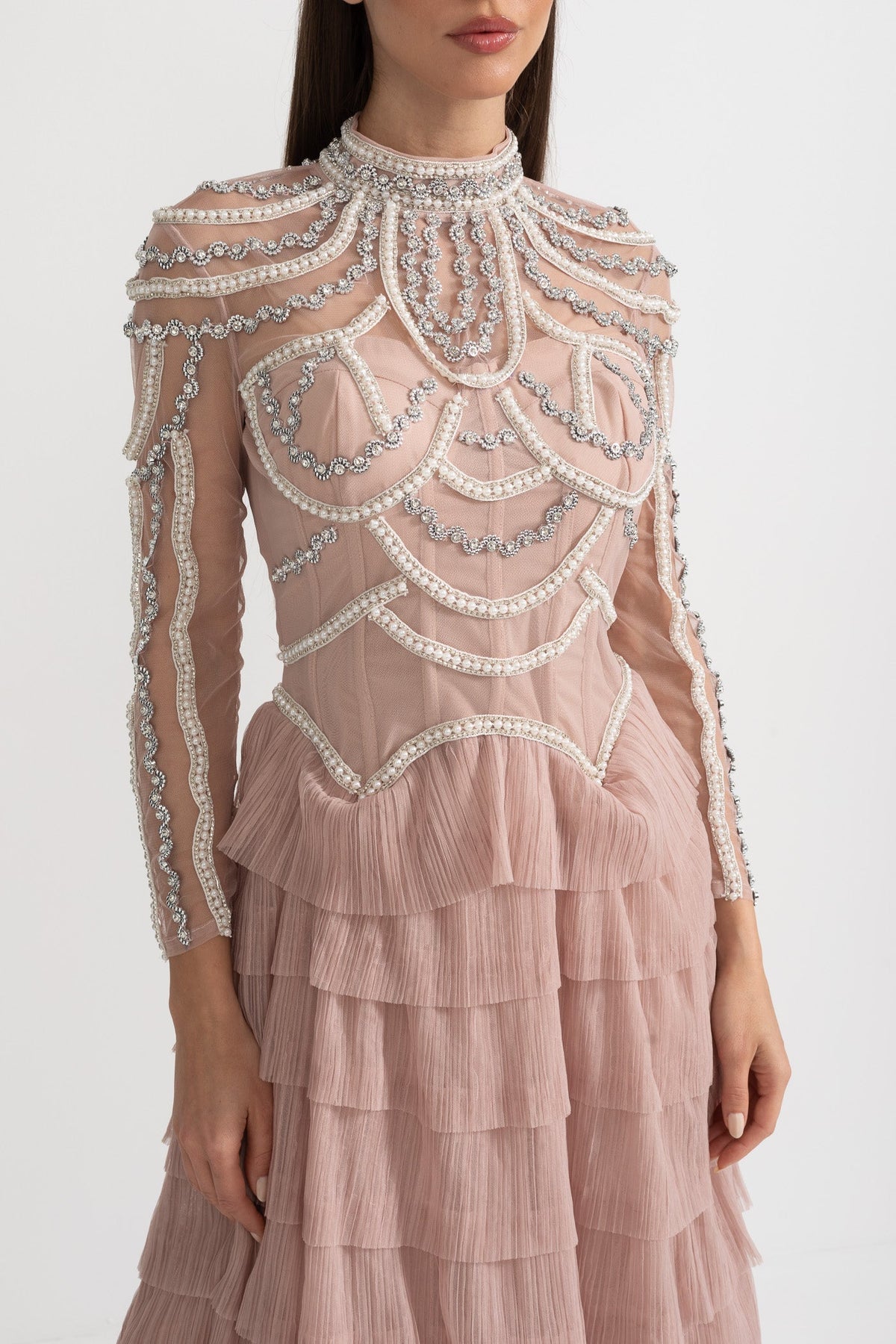 Pearl Crystal Long Sleeve Mesh Tiered Ruffle Tea Length Midi Dress - View 5
