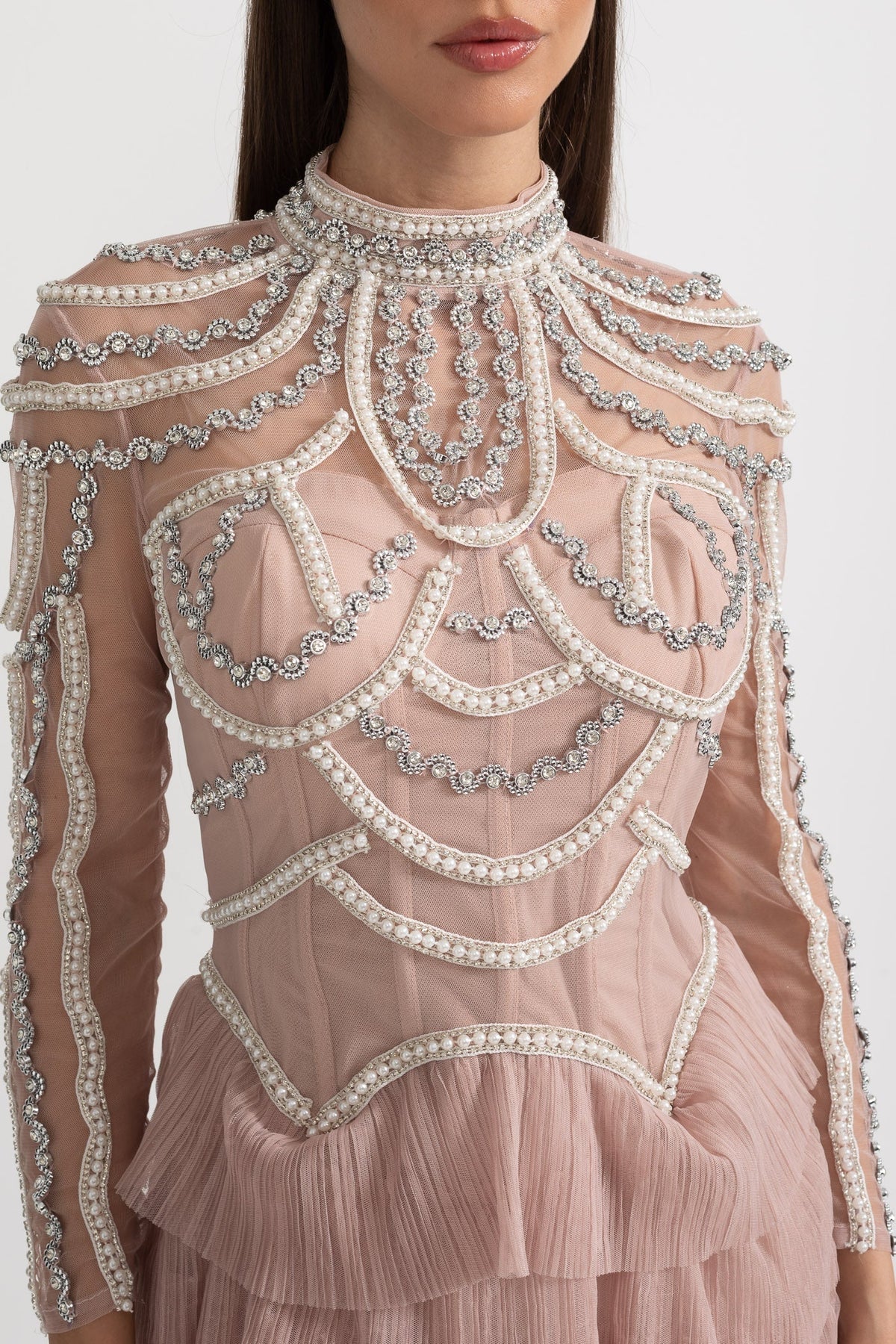 Pearl Crystal Long Sleeve Mesh Tiered Ruffle Tea Length Midi Dress - View 6