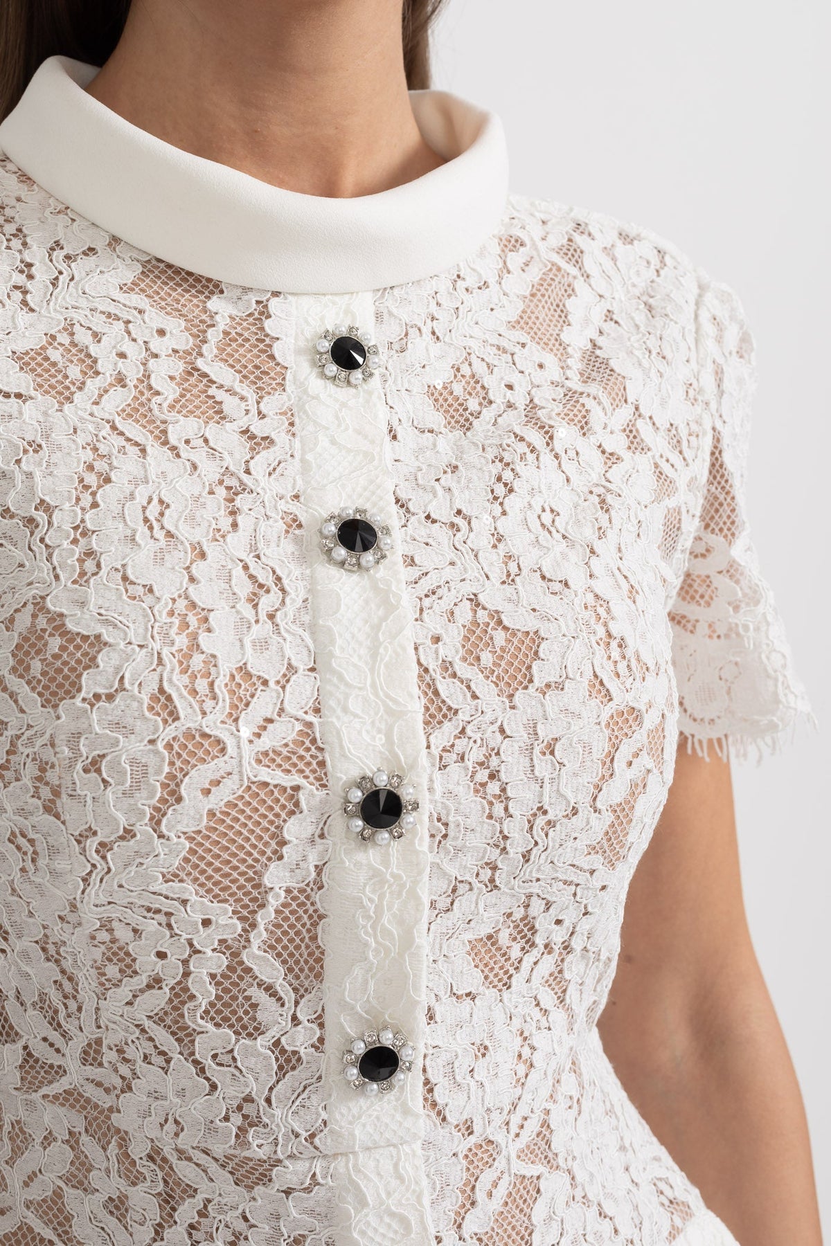 Lace High Neck Button Front Pocket Slit Midi Dress - View 7