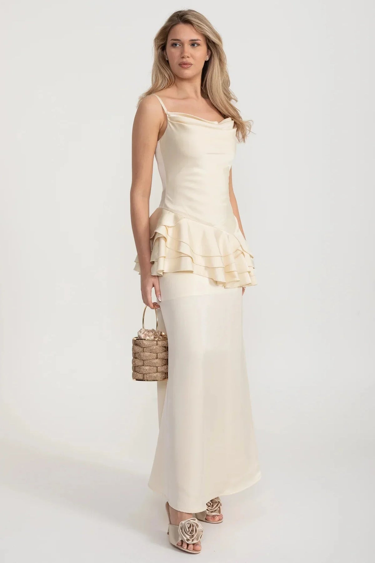 Cowl Neck Spaghetti Strap Tiered Peplum Ruffle Satin Maxi Gown - View 7