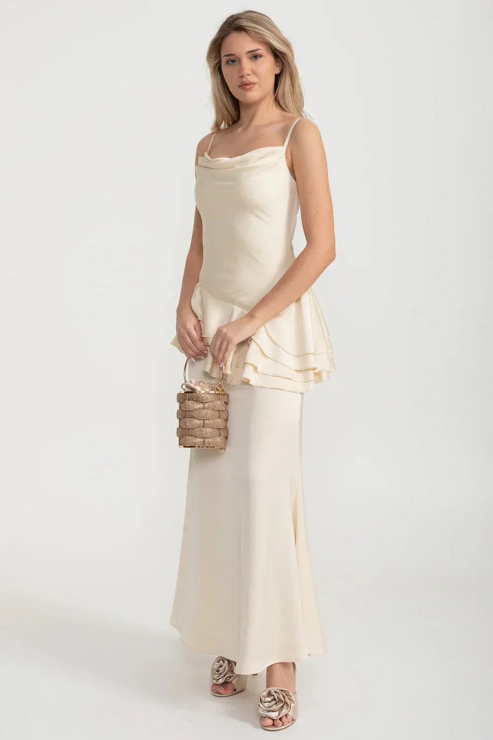 Cowl Neck Spaghetti Strap Tiered Peplum Ruffle Satin Maxi Gown - View 4
