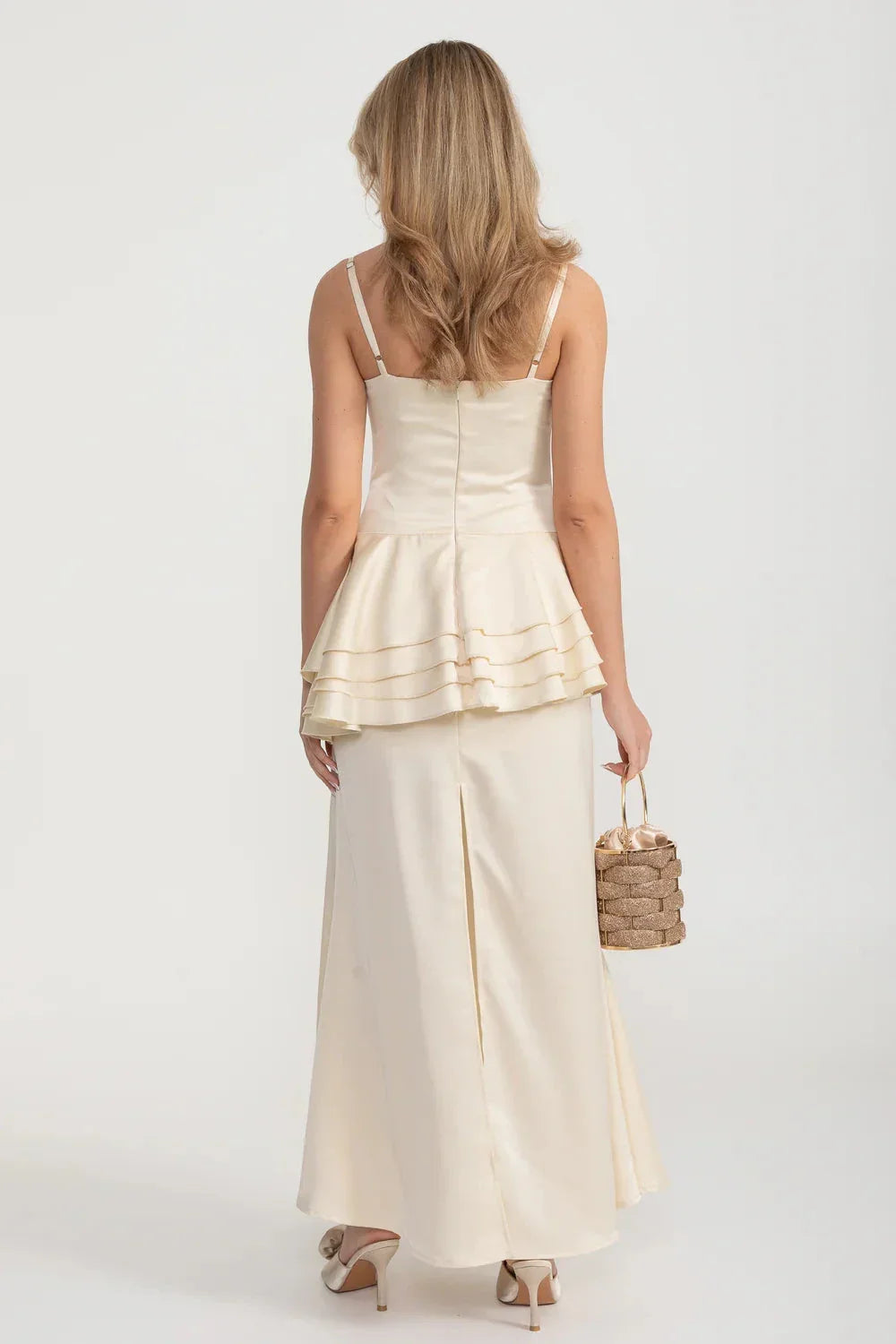 Cowl Neck Spaghetti Strap Tiered Peplum Ruffle Satin Maxi Gown - View 8
