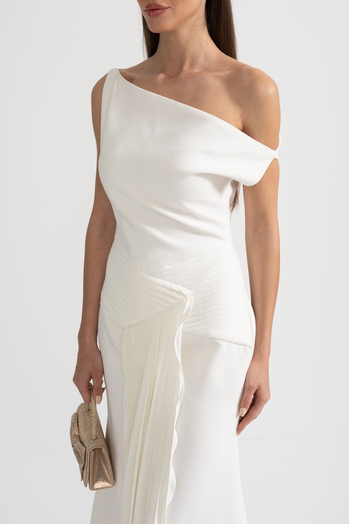 One Shoulder Asymmetric Pleated Side Panel Gathered Waist Midi Dress - View 7