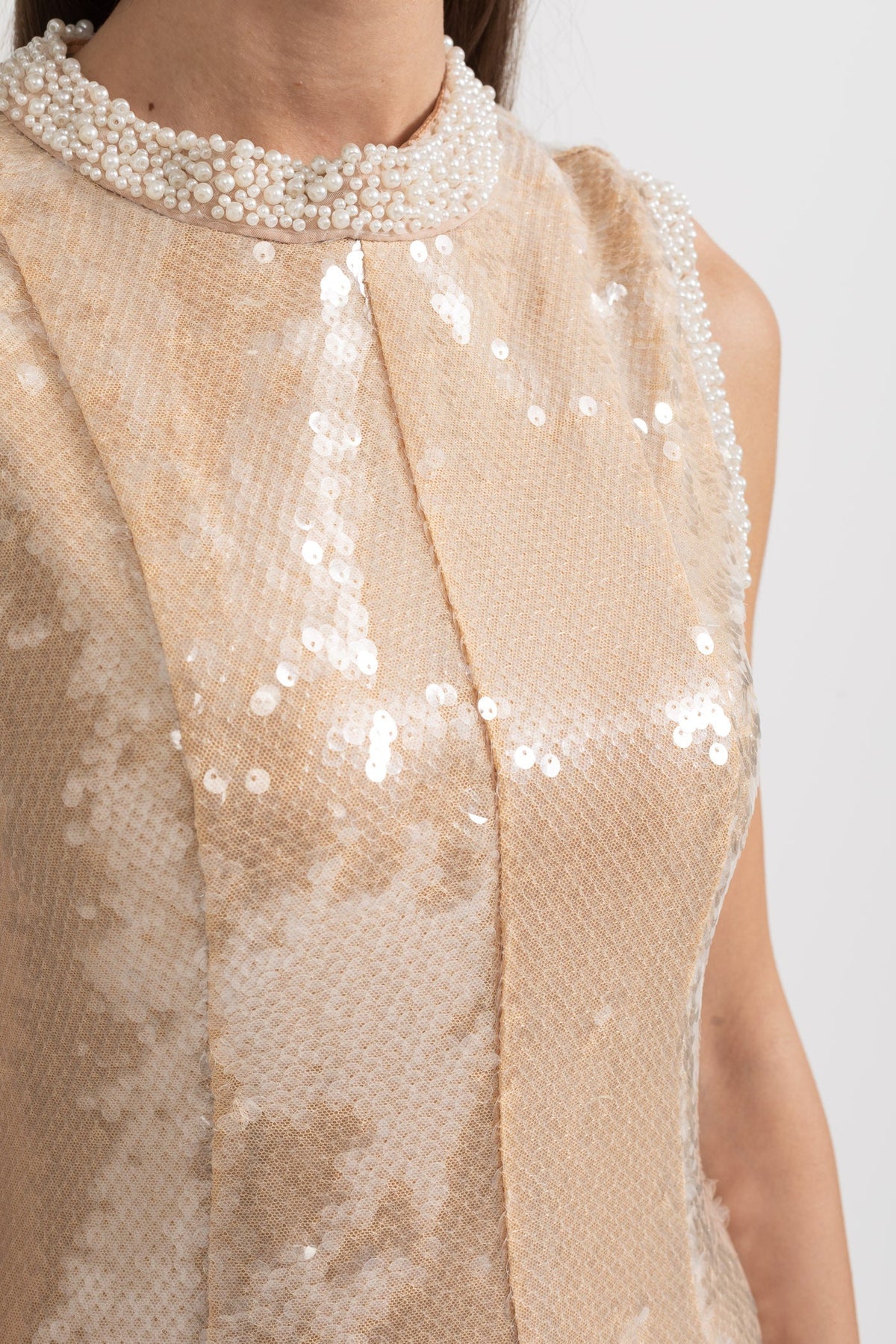 Sequin Sleeveless High Neck Pearl Trim Tea Length Midi Dress - View 6
