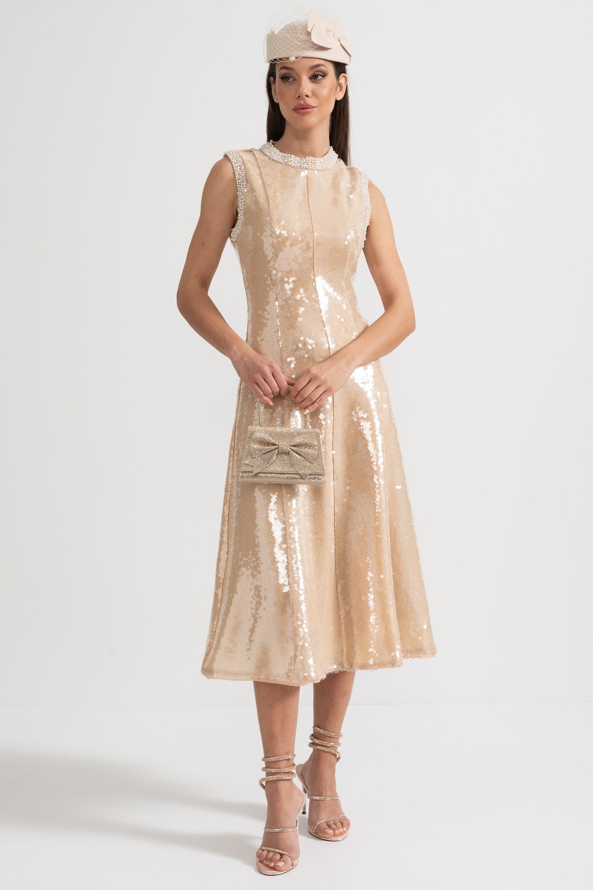 Sequin Sleeveless High Neck Pearl Trim Tea Length Midi Dress - View 4