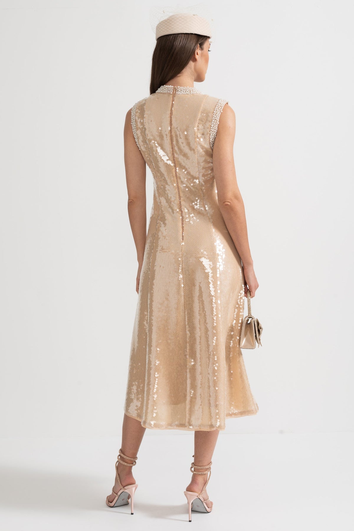 Sequin Sleeveless High Neck Pearl Trim Tea Length Midi Dress - View 13