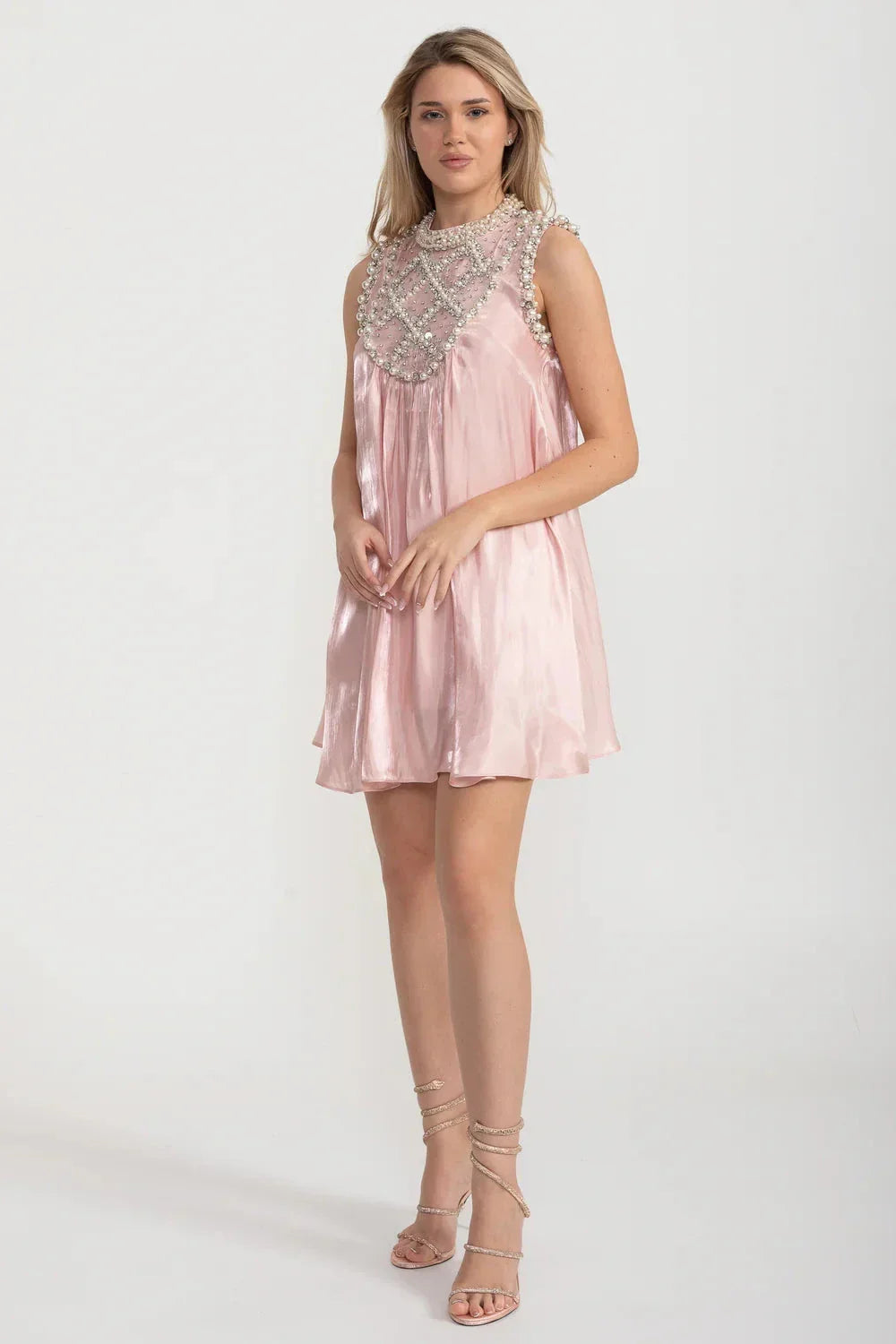 Sequin Pearl Embellished Bib Neck A-Line Shift Mini Dress - View 5