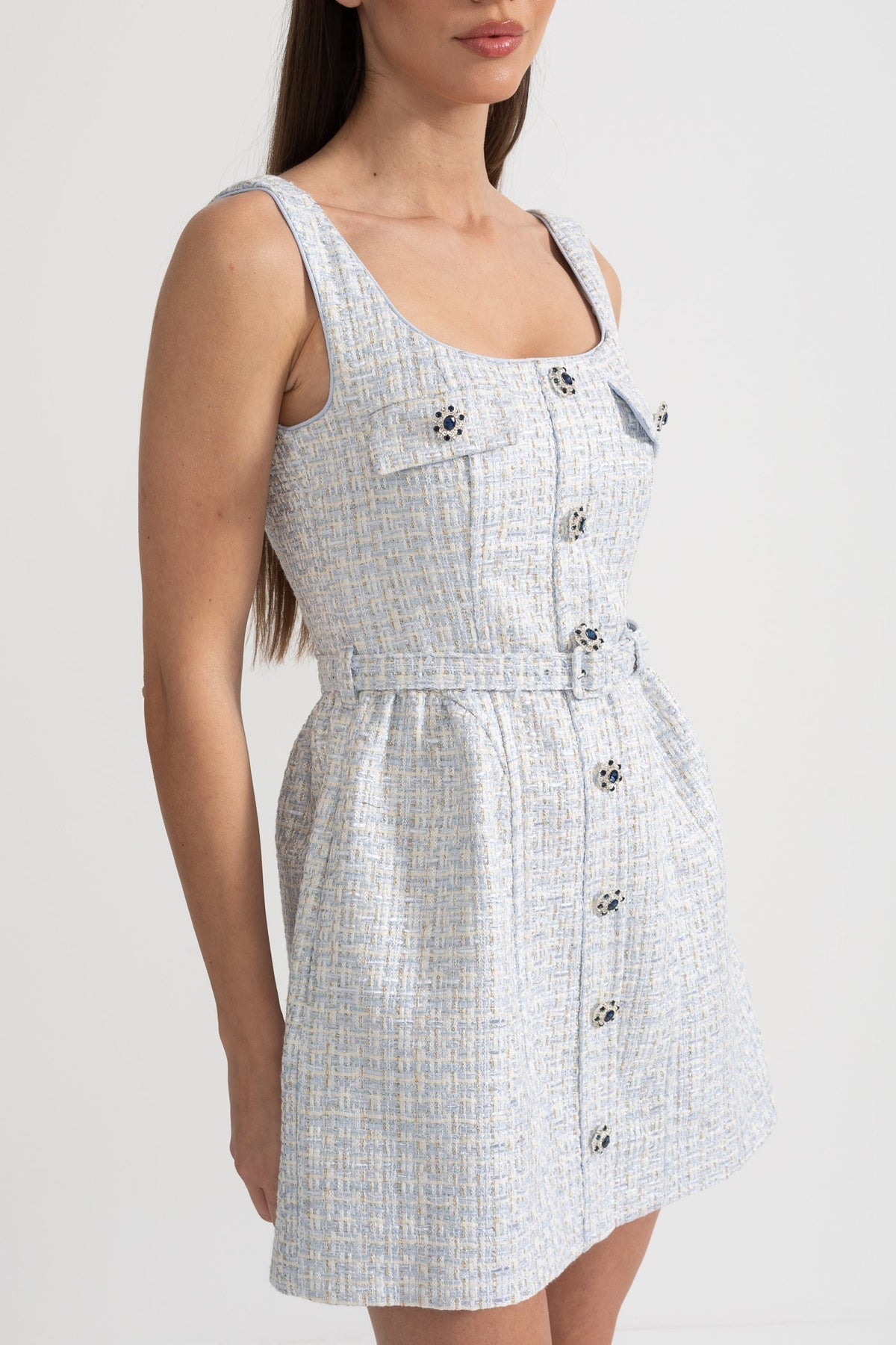 Tweed Square Neck Sleeveless Jewel Button Belted Mini Dress - View 7