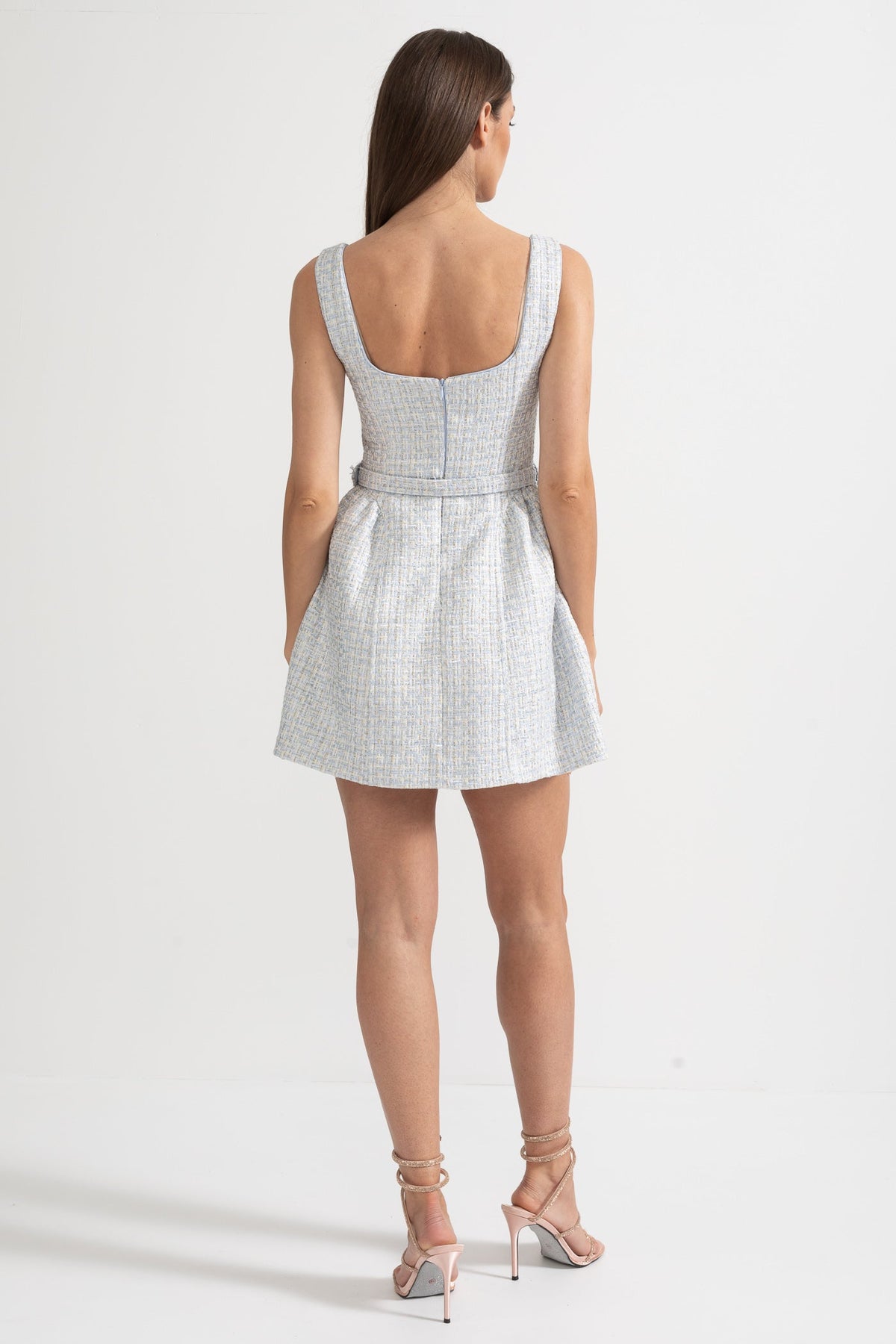 Tweed Square Neck Sleeveless Jewel Button Belted Mini Dress - View 9
